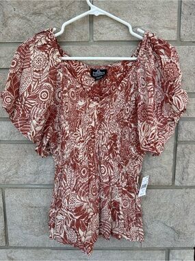 Angie Rust and Cream Floral Smocked Babydoll Top
